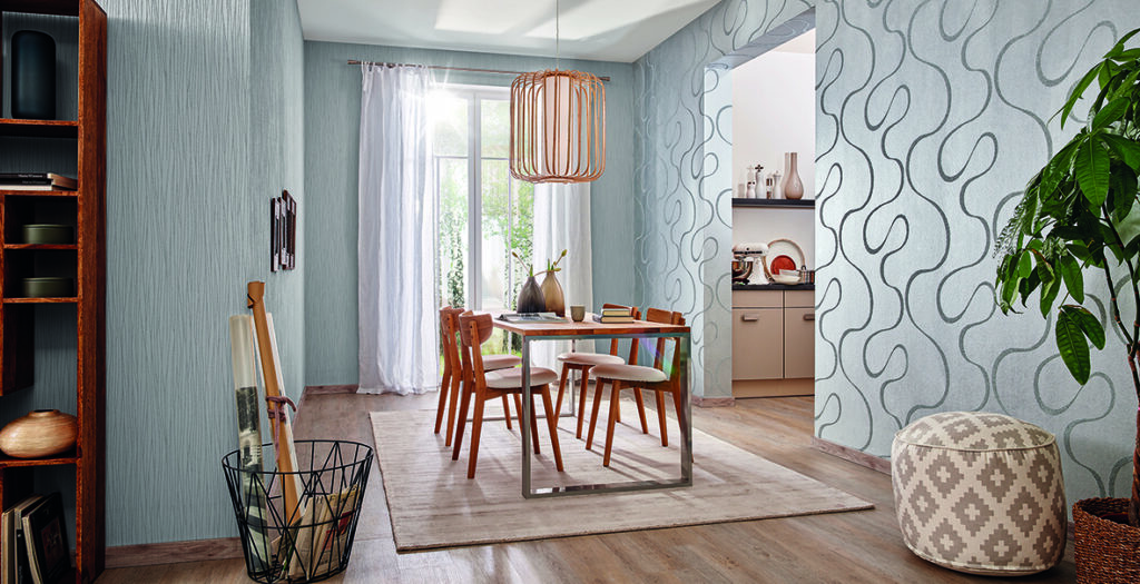 Überstreichbare Tapete PATENT DECOR mit moderner Struktur im Esszimmer in hellem Grauton