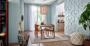 Überstreichbare Tapete PATENT DECOR mit moderner Struktur im Esszimmer in hellem Grauton